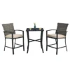 3PCS Patio Rattan Bar Furniture Set Slat Table 2 Cushioned Stools Poolside Gray