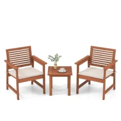 Costway 3 PCS Patio Furniture Set With 2 Seat Cushions Coffee Table Solid Wood Chairs