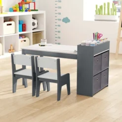 Costway Kids Art Table & Chairs Set With Paper Roll Wooden Craft Study Desk Active Play Gray/Natural