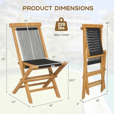 Costway 2/4 PCS Patio Folding Chairs With Woven Rope Seat & Back Indonesia Teak Wood For Porch Natural&Black 4 Costway 2/4 PCS Patio Folding Chairs With Woven Rope Seat & Back Indonesia Teak Wood For Porch Natural&Black - Image 2
