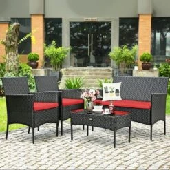 Costway 4PCS Patio Rattan Furniture Set Cushioned Sofa Coffee Table Backyard TurquoiseRed -Costway GUEST 9f5fb691 a77a 4f79 9517 20157b6e3772