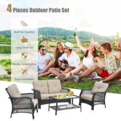 Costway 4PCS Patio Wicker Furniture Set Loveseat Sofa Coffee Table W/ Cushion -Costway GUEST 9fd2d9df b295 49d5 8385 2236babef092