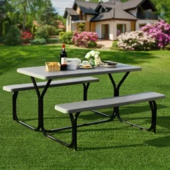 Costway Picnic Table Bench Set Outdoor Camping Backyard Garden Patio Party All Weather Gray/Green