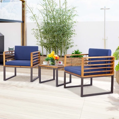 Costway 3pcs Patio Acacia Wood Bistro Conversation Cushioned Chair & Table Set Outdoor 5 Costway 3pcs Patio Acacia Wood Bistro Conversation Cushioned Chair & Table Set Outdoor - Image 3