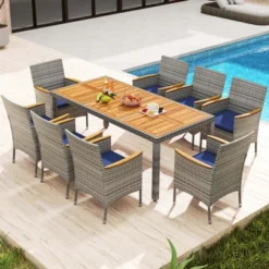 Costway 9 PCS Patio Dining Set For 8 Table And PE Rattan Chairs With 2" Umbrella Hole Navy/White -Costway GUEST a0928322 c0e0 47c6 8b12 d38a38f86454