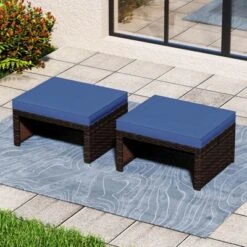 Costway 2 PCS Patio PE Rattan Ottomans With Soft Zippered Cushions For Deck Outdoor White/Navy/Red/Turquoise