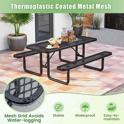 Costway 72" Coated Steel Camping Table With Seats Outdoor Picnic Table & Bench Set For 8 Black 7 Costway 72" Coated Steel Camping Table With Seats Outdoor Picnic Table & Bench Set For 8 Black - Image 5