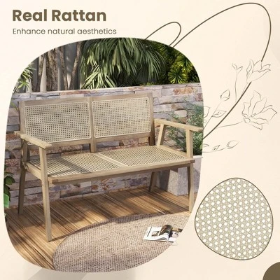 Costway Indonesia Teak Wood Garden Bench 2-Person Bench With Armrests Natural Rattan Backrest & Seat 8 Costway Indonesia Teak Wood Garden Bench 2-Person Bench With Armrests Natural Rattan Backrest & Seat - Image 6