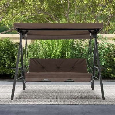 Costway 3-Seat Patio Porch Swing WithAdjustable Canopy Soft Seat Back Cushions Side Tables Brown/Grey 3 Costway 3-Seat Patio Porch Swing WithAdjustable Canopy Soft Seat Back Cushions Side Tables Brown/Grey