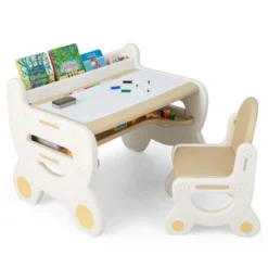 Costway Kids Drawing Table & Chair Set For Reading Playing With Pens & Blackboard Eraser Blue/Brown -Costway GUEST a20f7954 7490 4aaf bd5f 133ec2678939