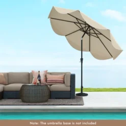 Costway 9 FT Patio Umbrella 2-Tier Market Table Umbrella With Crank Handle & 8 Ribs Beige/Navy