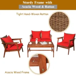 Costway 4PCS Patio Rattan Furniture Set Acacia Wood Frame Cushioned Sofa Chair -Costway GUEST a3cab5d7 9714 4d51 943d f30834c135a8