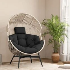 Costway Oversized Egg Style Chair With Cushions & Headrest Heavy-Duty Metal Frame For Yard Off White/Grey/Black