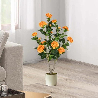 Costway 1/2 PCS 36" Artificial Camellia Tree Fake Potted Tree Greenery Floral Plant Modern Orange/White/Pink 3 Costway 1/2 PCS 36" Artificial Camellia Tree Fake Potted Tree Greenery Floral Plant Modern Orange/White/Pink