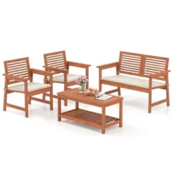Costway 4 PCS Patio Conversation Set With Soft Seat Cushions 2-Tier Rectangle Coffee Table