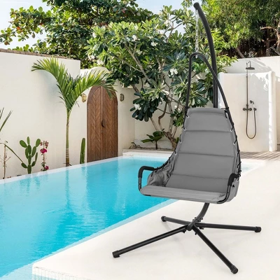 Costway Swing Chair With Stand Extra-wide And Cushioned Seat Outdoor Indoor Hanging Chair Grey/Beige 3 Costway Swing Chair With Stand Extra-wide And Cushioned Seat Outdoor Indoor Hanging Chair Grey/Beige
