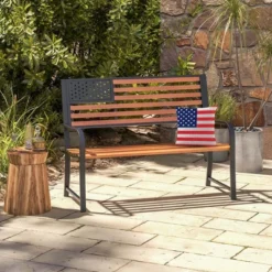 Costway 50" Outdoor Garden Bench With Flag Pattern Backrest & Rustic Wood Grain Finish -Costway GUEST a5221ca1 fdb6 45f6 a94a d8144c463d4c