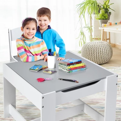 Costway Kids Table Chairs Set With Storage Boxes Blackboard Whiteboard Drawing GreyNature 4 Costway Kids Table Chairs Set With Storage Boxes Blackboard Whiteboard Drawing GreyNature - Image 2