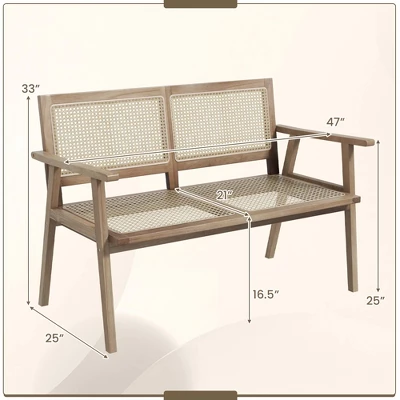Costway Indonesia Teak Wood Garden Bench 2-Person Bench With Armrests Natural Rattan Backrest & Seat 4 Costway Indonesia Teak Wood Garden Bench 2-Person Bench With Armrests Natural Rattan Backrest & Seat - Image 2