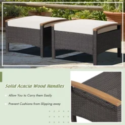 Costway Set Of 2 Patio Rattan Ottoman Footrest Cushions Wooden Handle Off WhiteBrownRedNavy -Costway GUEST a68995dd 1380 45b3 a77a c86457250a3f