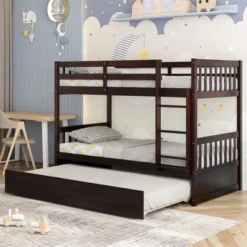 Costway Twin Over Twin Bunk Bed With Twin Trundle Solid Wood Frame Espresso/White -Costway GUEST a765f096 c2e7 4e47 a740 115ae8f305c5