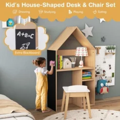 Costway Kids House-Shaped Table & Chair Set Wooden Toy Organizer Cabinet With Blackboard Grey/White -Costway GUEST a7683240 6b81 47d5 b72c 77b86677c9d0