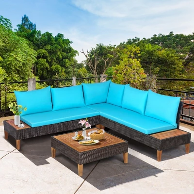 Costway 4PCS Patio Rattan Furniture Set Cushioned Loveseat W/Wooden Side Table 9 Costway 4PCS Patio Rattan Furniture Set Cushioned Loveseat W/Wooden Side Table - Image 7