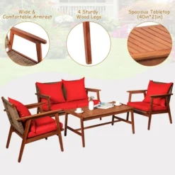 Costway 4PCS Patio Rattan Furniture Set Acacia Wood Frame Cushioned Sofa Chair -Costway GUEST a81a5c1b 4c57 4d57 afaf 8909ec72f86a