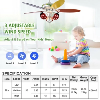 Costway 52'' Ceiling Fan With Light Kids Fan Light W/Pull Chain Control Beetle Multicolor 7 Costway 52'' Ceiling Fan With Light Kids Fan Light W/Pull Chain Control Beetle Multicolor - Image 5