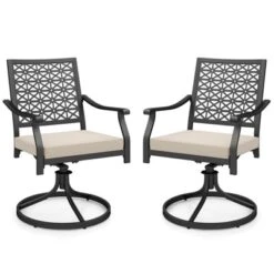 Costway 2 PCS Outdoor Swivel Chairs Patio Dining Chairs With Padded Cushions High Back Beige/Navy -Costway GUEST a959bccf 3efa 4e35 8456 7871ee4a685f