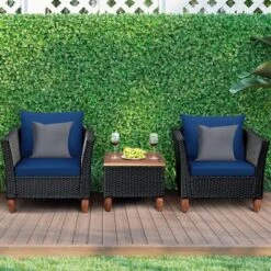 Costway 3 PCS Outdoor Patio Rattan Bistro Furniture Set Wooden Table Top Cushioned Sofa Black Brown -Costway GUEST a9bde251 1b0e 4a0d 95b6 f56a7e507e46