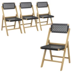 Costway 2/4 Piece Patio Folding Chairs With Woven Rope Seat & High Back Indonesia Teak Wood For Porch Natural&Black -Costway GUEST aa0a3ecf 99b5 4071 ae31 d914d083452f