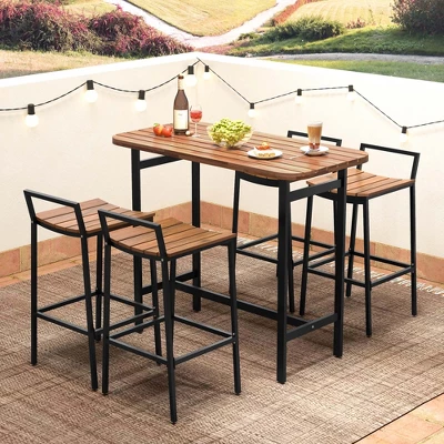 Costway 5 PCS Acacia Wood Bar Table Set Outdoor Bar Height Table & Chairs With Metal Frame 5 Costway 5 PCS Acacia Wood Bar Table Set Outdoor Bar Height Table & Chairs With Metal Frame - Image 3