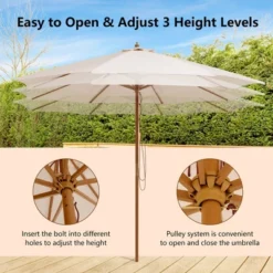 10FT Patio Wooden Market Table Umbrella Pulley W/8 Bamboo Ribs Sunshade Canopy -Costway GUEST aae8942d 6623 4b1d 91ed 61fd21097ea8