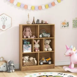 Costway 7-Cube Bookcase For Kids 41" Wooden Toy Storage Organizer Freestanding Bookshelf Brown/White -Costway GUEST ab4ad2fc 1c35 4491 9132 5c4f9c8af08d