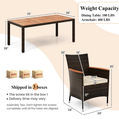 Costway 9PCS Patio Rattan Dining Set Armrest Cushioned Chair With Acacia Wood Table, 1.96" Umbrella Hole 4 Costway 9PCS Patio Rattan Dining Set Armrest Cushioned Chair With Acacia Wood Table, 1.96" Umbrella Hole - Image 2