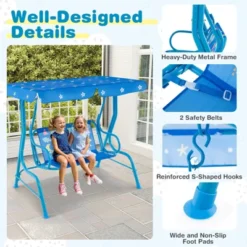 Costway 2-Seater Toddler Porch Swing Chair With Metal Stand Adjustable Canopy Safety Belts Blue/Pink/Yellow -Costway GUEST abb89156 a56a 434b a6de f2a87ed93c46
