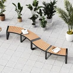 Costway Backless 2-Person Patio Curved Bench With Slatted Seat & Metal Legs Oil Painted -Costway GUEST ac034e5e 659f 4b9f a148 d24fa2f27d19