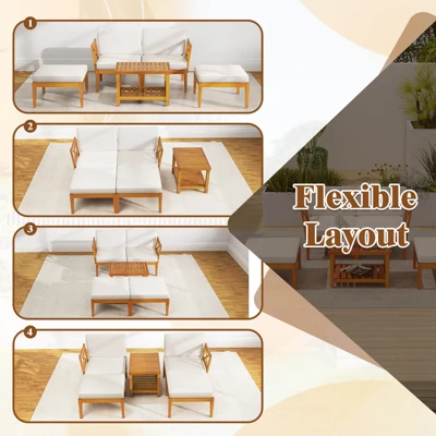 Costway 5 PCS Acacia Wood Patio Chaise Lounge Chair Set With 2-Tier Coffee Table Cushions 8 Costway 5 PCS Acacia Wood Patio Chaise Lounge Chair Set With 2-Tier Coffee Table Cushions - Image 6