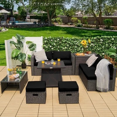 Costway 9PCS Patio Rattan Furniture Set Fire Pit Space-saving W/ Cushion Cover 3 Costway 9PCS Patio Rattan Furniture Set Fire Pit Space-saving W/ Cushion Cover