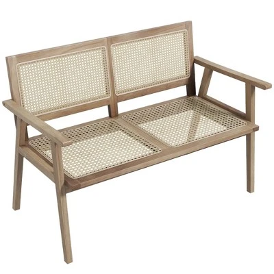 Costway Indonesia Teak Wood Garden Bench 2-Person Bench With Armrests Natural Rattan Backrest & Seat 11 Costway Indonesia Teak Wood Garden Bench 2-Person Bench With Armrests Natural Rattan Backrest & Seat - Image 9