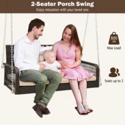 Costway Patio Wicker Porch Swing 2-Person Hanging Loveseat Bench Chair With Cushions Beige/Black -Costway GUEST ada1e787 734d 4fce 8285 2416a513ac9b