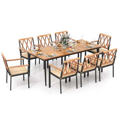 Costway 9 PCS Patio Dining Set Table With 1.9" Umbrella Hole & 8 Dining Chairs Outdoor 3 Costway 9 PCS Patio Dining Set Table With 1.9" Umbrella Hole & 8 Dining Chairs Outdoor