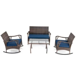 Costway 4 PCS Wicker Rocking Set With Loveseat & Coffee Table Heavy-Duty Metal Frame