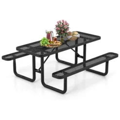 Costway 72" Coated Steel Camping Table With Seats Outdoor Picnic Table & Bench Set For 8 Black
