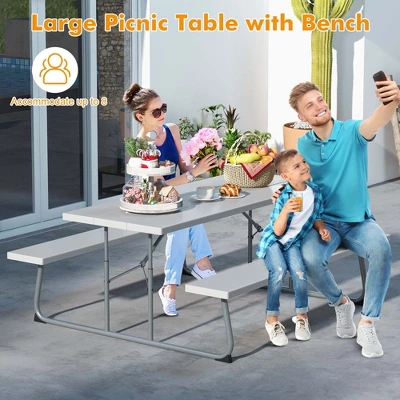 Costway Folding Picnic Table With 2 Benches All Weather Wood-like Tabletop Umbrella Hole Black/Grey/Green/White 6 Costway Folding Picnic Table With 2 Benches All Weather Wood-like Tabletop Umbrella Hole Black/Grey/Green/White - Image 4