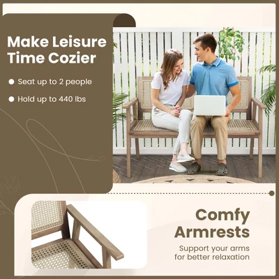 Costway Indonesia Teak Wood Garden Bench 2-Person Bench With Armrests Natural Rattan Backrest & Seat 7 Costway Indonesia Teak Wood Garden Bench 2-Person Bench With Armrests Natural Rattan Backrest & Seat - Image 5