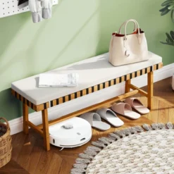 Costway 48" Long Acacia Wood Outdoor Bench With Thick Padded Seat Cushion Entryway Bench -Costway GUEST b038f445 cbd9 4f52 9987 790a24964be6