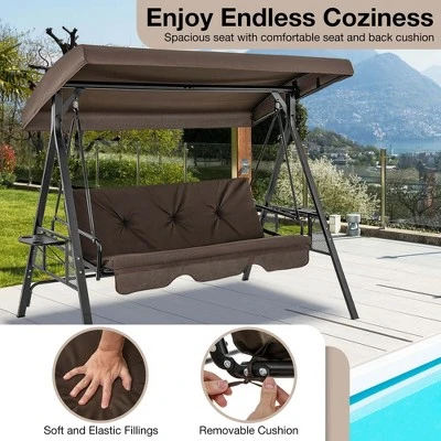 Costway 3-Seat Patio Porch Swing WithAdjustable Canopy Soft Seat Back Cushions Side Tables Brown/Grey 9 Costway 3-Seat Patio Porch Swing WithAdjustable Canopy Soft Seat Back Cushions Side Tables Brown/Grey - Image 7