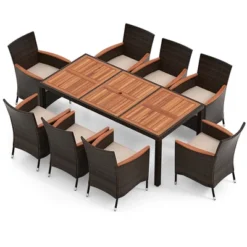 Costway 9PCS Patio Wicker Dining Set Acacia Wood Table Top Umbrella Hole Cushions Chairs -Costway GUEST b15992eb 79a6 474f ae66 0f3b386ceada